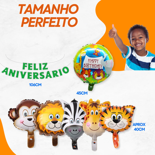 Kit 8 Peças Balões Safari Com Faixa Feliz Aniversário Festa Infantil Tema Animais Com Balões Metalizados Para Mesa Leão Tigre Zebra Girafa