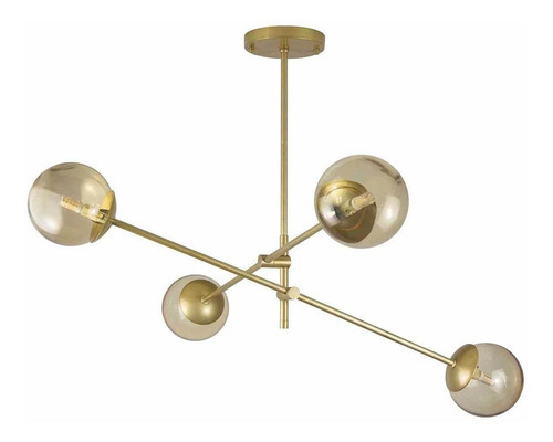 Lustre Lírio Dourado Com 4 Globos Esfera De Vidro Âmbar