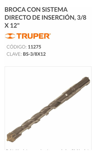 Broca Para Concreto Sds Plus 3/8x 12 Punta De Cruz Truper