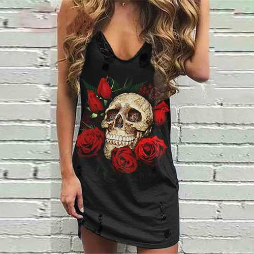 Vestido Mujer Verano Sin Mangas Rosa Calavera Estampado Cuel