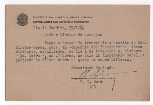 Selos Do Brasil,cartão Convite P/ Diretor Dos Correios 1944u