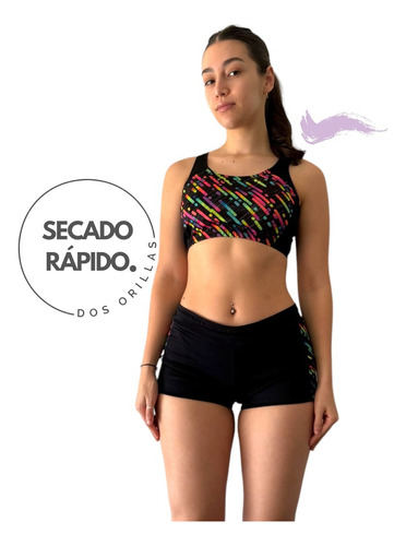 Bikini Anticloro Malla Natacion Short 2 Piezas Secado Rapido Negro 4