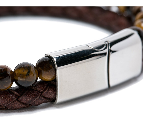 Imagen 4 de 10 de Pulsera Piedra Brillante Cuero Hombre,mujer Cafe
