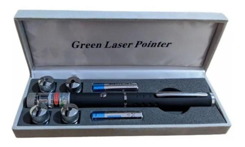 Caneta Laser Pointer Verde 5 Pontas Com Estojo - Preta