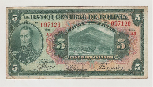 Billete Bolivia 5 Bolivianos 1928 Serie A2 (1934) (c85)