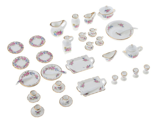 40pcs Rose Flores De Té De Porcelana 1/12 Casa Muñeca