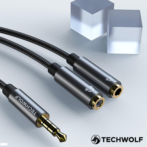 Cable Divisor De Audio De Auxiliar 3.5 Mm Macho A 2x 3.5mm Hembra Para Audífonos, Techwolf Adaptador De Audio Compatible Con Laptop, Celular, Tablet Y Pc 30cm De Longitud Color Gris