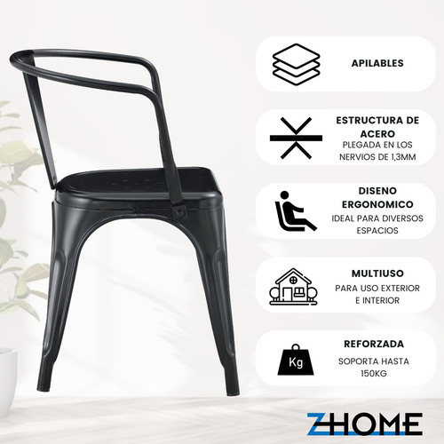 Silla De Comedor Con Apoyabrazo Tolix Zhome X4 Reforzada De Hierro Estructura De La Silla Negro Asiento Negro Diseño De La Tela Metal