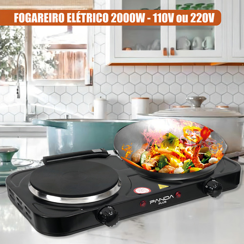 Fogão Cooktop Elétrico Panda Fogareiro Portátil Panda Plus 2 Bocas Preto - 2000w