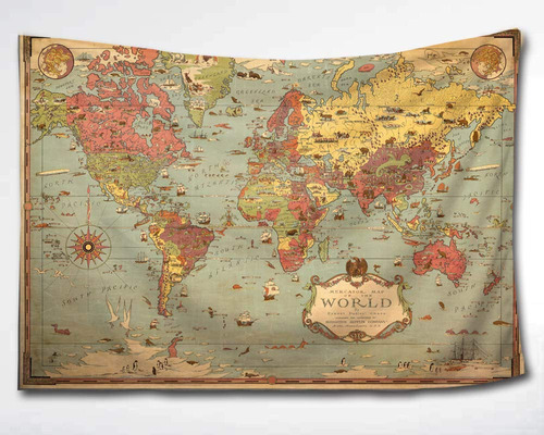 Hmwr Tapiz Mapa Mundial Para Colgar Pared Vintage Antiguo 60