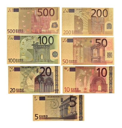 Set De 7 Billetes De Euro, Enchapados En Oro Análogo.  Jp