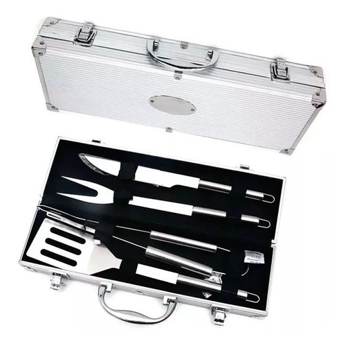 1 Kit Churrasco Com 4 Peças Em Inox - Maleta De Alumínio