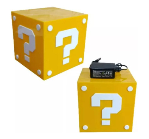 Super Luminaria Abajur Mesa Bloco Charada Mario Bros Gamer Estrutura Amarelo E Branco 127/220v