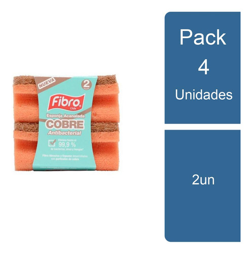 Pack 4 Esponja Cocina Cobre Antibacterial Acanalada 2u Fibro