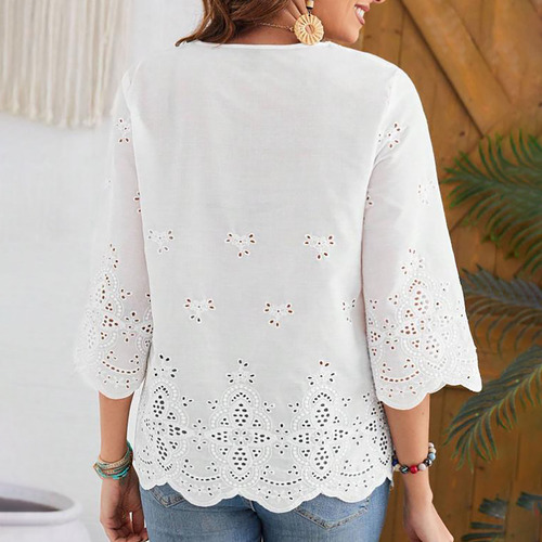 Camisa De Manga De Encaje Con Cuello En V Para Mujer
