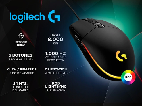 Imagen 4 de 6 de Mouse Con Cable Logitech G203 Gaming Rgb Lightsync Negro