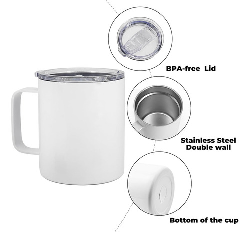 Taza De Acero Inoxidable 12 Oz Con Tapa Y Asas Gruesas