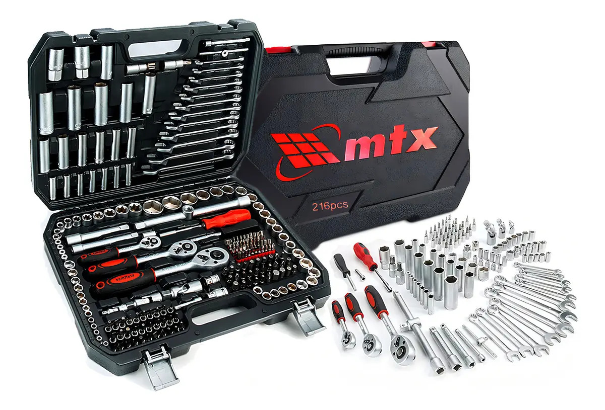Kit Jogo De Soquete Chave Catraca 1/4 3/8 E 1/2 Pol. MTX Combinada Allen Maleta 216 Peças Aço Cr-v 1353055
