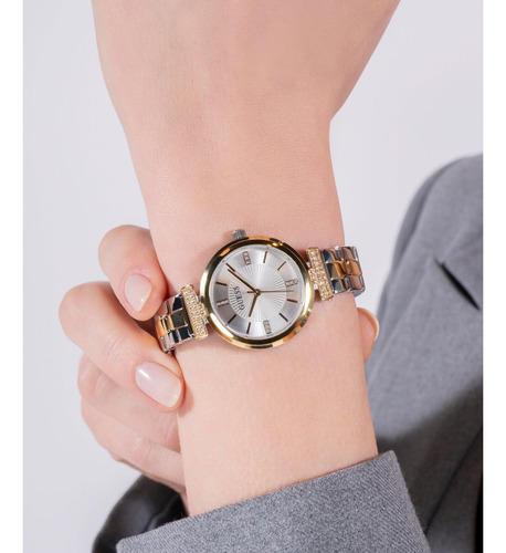 Reloj Guess Array Mujer Dama Correa Bitono Bisel Dorado Fondo Plateado