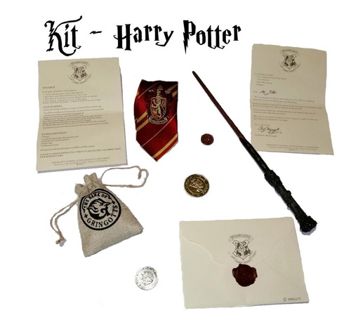 Harry Potter Kit: Varita, Carta, Monedas Gringotts, Corbata