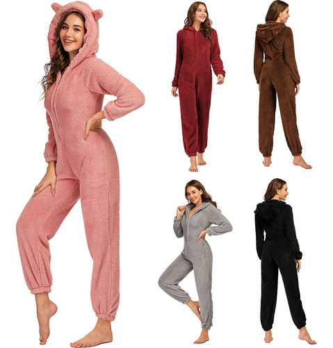 Imagem 2 de 9 de Pijama De Lã Feminino Fofo Macacão Com Capuz Com Zíper Front