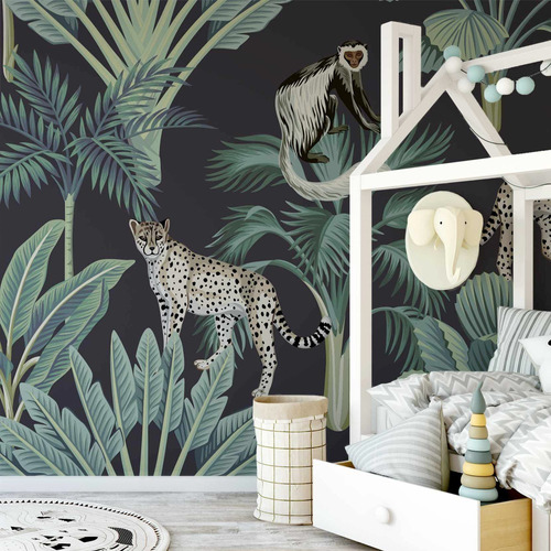 Vinil Decorativo Tapiz Paisaje Tropical Vintage Variedad Mod Color Selva De Noche