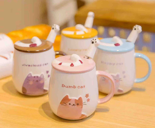 Mugs Con Tapa Gato Cola Y Cuchara