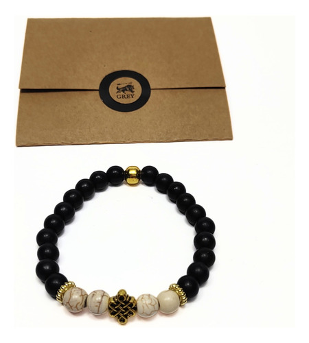 Pulsera Hombre Nudo Celta Dorado, Piedra Marfil Y Negra