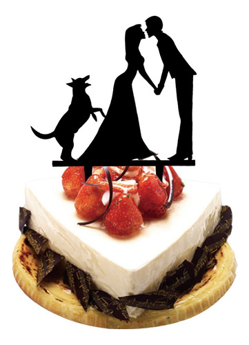 Acrílico Novia Y Novio Con Perro Silueta Pastel Topper Boda