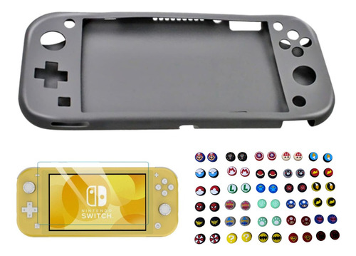 Silicona Gris + 4 Grips + Vidrio Templado Ninten Switch Lite