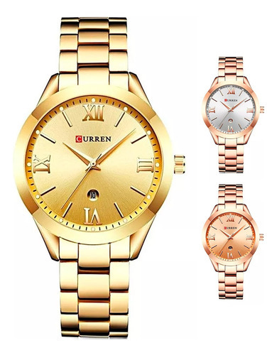 Relógio feminino analógico feminino Curren Against Water Dater, pulseira dourada, cor