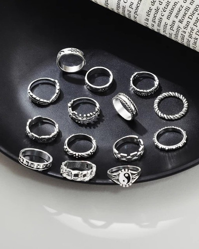 Conjunto Set Anillos Ying Yang Elefante Plateado