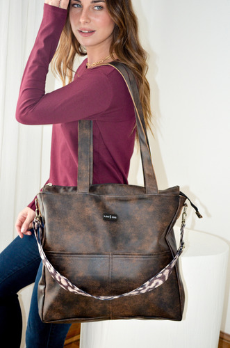 Cartera Tote Marron Desgastada De Cuerina Pu Marrón Desgastado Desgastado Níquel Marrón
