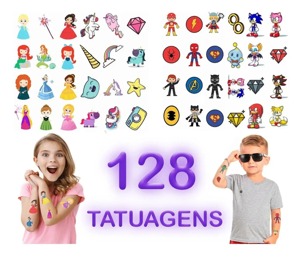 Kit de 128 Tatuagens Temporárias Infantis para Meninos e Meninas