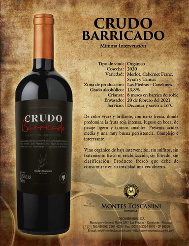 Vino Uruguayo Mínima Intervención Crudo Barricado, 1pz
