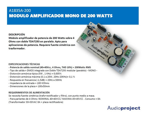 Imagen 5 de 6 de Modulo Amplificador 200 Watts C/doble Tda7293 - Audioproject