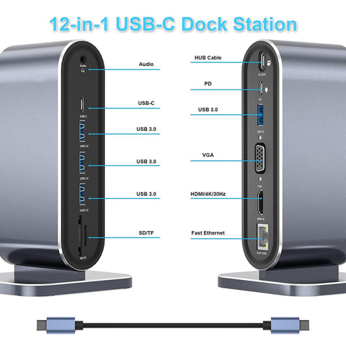 Estación De Acoplamiento Usb C 12 En 1, Usb C Hub Dock, Pant