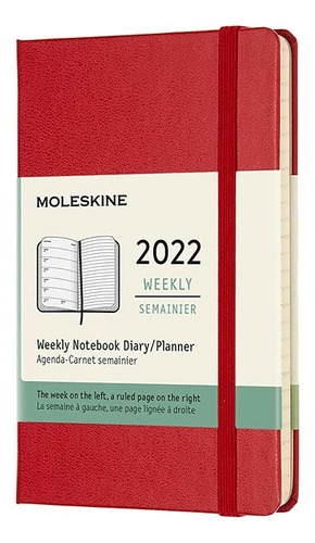Agenda Semanal Moleskine 2022, Tamanho P, 144pg, Ano 2022 Capa Red Hard Sem Desenho