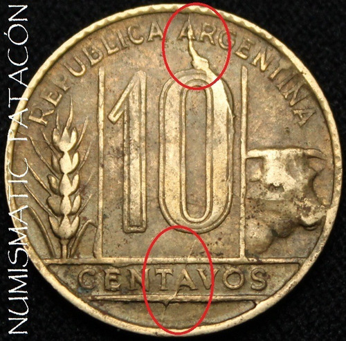 Moneda Argentina 10 Centavos 1950 Torito - Cuño Rajado Rara