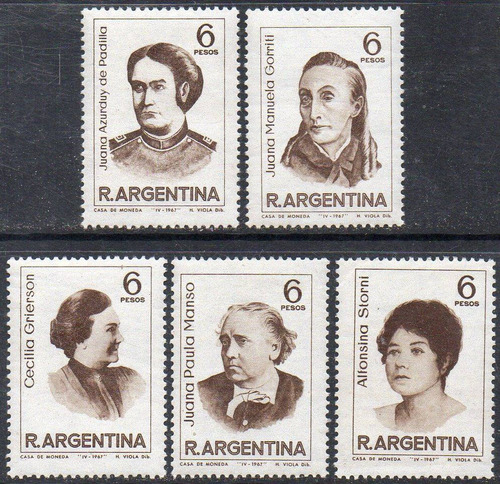 Argentina Serie X 5 Sellos Mint La Mujer De Nuestra Historia: Padilla, Gorriti, C. Grierson, J. Manso, A. Storni 1967 