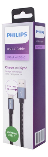 Cable Philips Usb A Usb-c - 1.2 Mt Recubierto En Cuero Color Negro