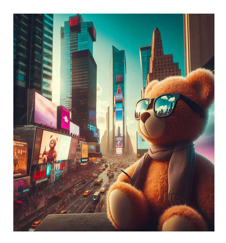 Vinilo 60x60cm Oso Peluche Mirando Ciudad Times Square