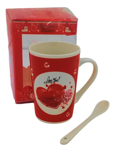 Taza De Cerámica + Cuchara Desayuno Café Love Regalo 300ml