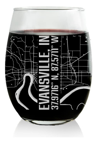 Copa Vino Tallo - Evansville Map Glass Regalo Indiana