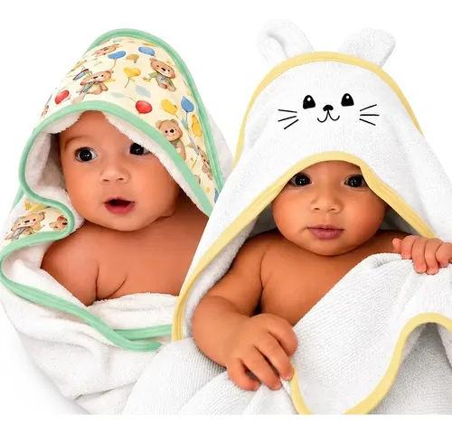 Kit 2 Toalhas De Banho Bebê Com Capuz E Orelhinha Infantil - R$ 35,05