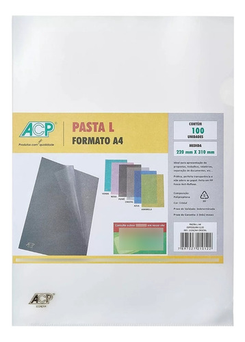 Pasta L A4 Plastica 0,15mm Pct C/ 10 Acp