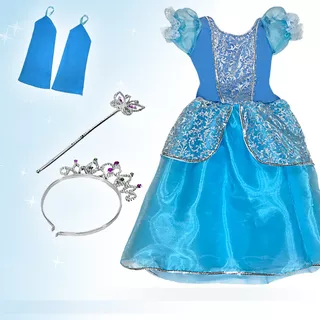 Vestido Fantasia Infantil Cinderela Coroa + Luvas + Varinha