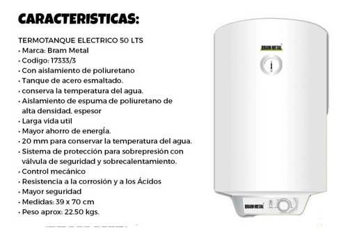 Imagen 3 de 4 de Termotanque Bram Metal 50 Lts Termo Agua Caliente