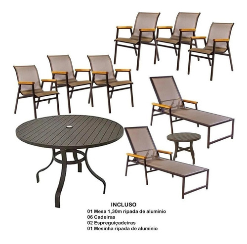 Imagem 1 de 5 de Kit Piscina Jogo Mesa 6 Cadeiras Aluminio + Espreguiçadeiras