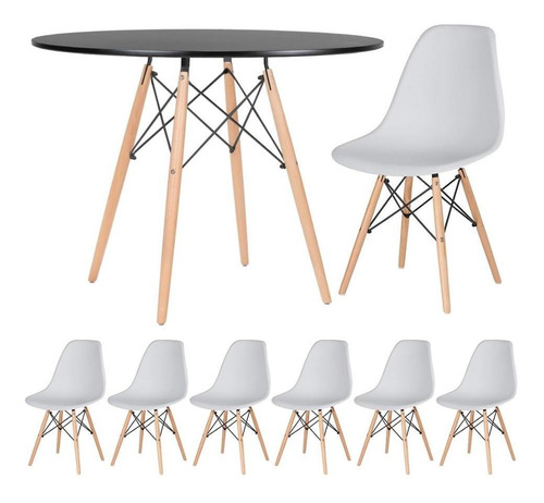 Kit Mesa Jantar Eames Wood 100 Cm 6 Cadeiras Eifel Cores Cor Mesa preto com cadeiras cinza claro